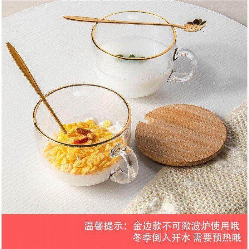 2件套北歐茶色玻璃燕麥早餐杯家用耐熱大容量牛奶杯帶蓋勺馬克杯-細節圖4