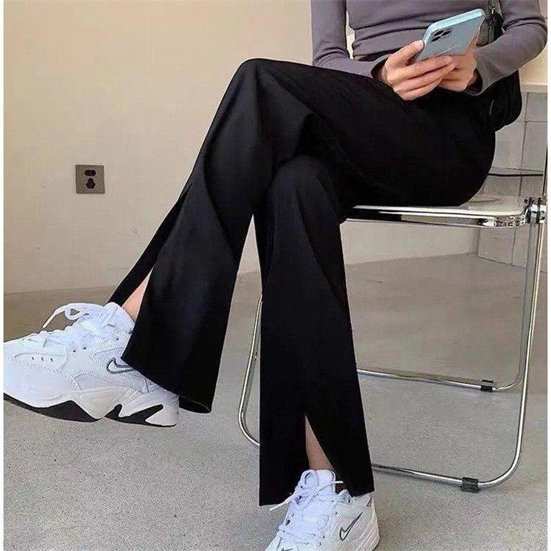 開叉西裝褲女小個子新款高腰寬松直筒垂墜感黑色分衩闊腿褲子-細節圖2