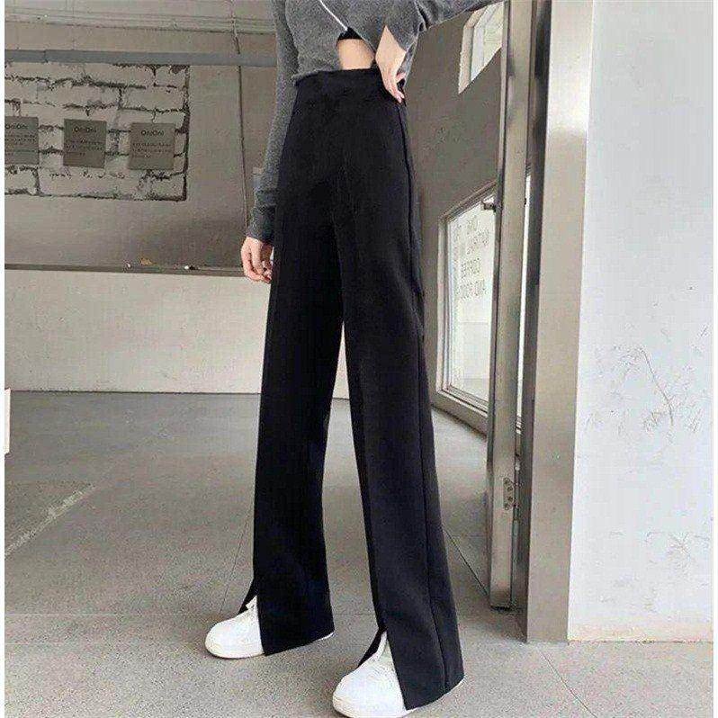 開叉西裝褲女小個子新款高腰寬松直筒垂墜感黑色分衩闊腿褲子-細節圖4
