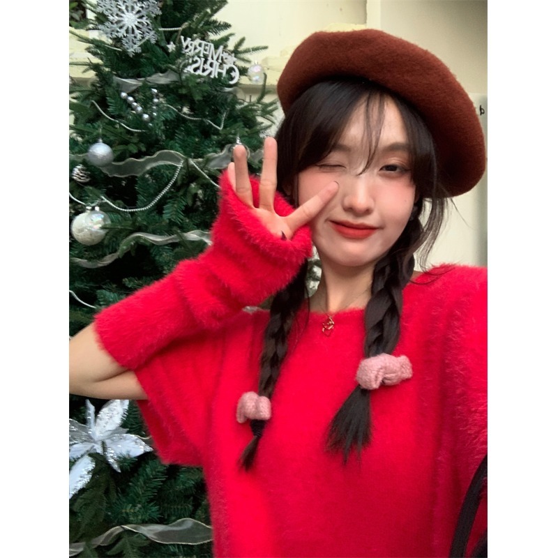 新年聖誕紅色毛衣女秋冬季新款慵懶風寬松短款針織衫上衣套裝-細節圖5
