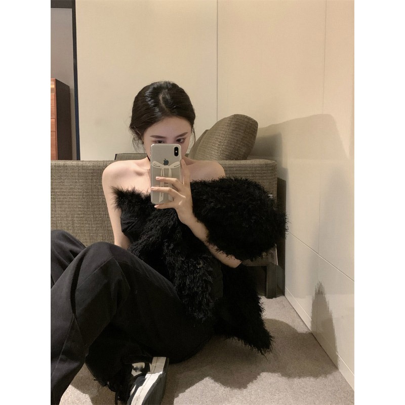 性感辣妹黑色毛絨抹胸連衣裙女秋冬季修身顯瘦打底裙包臀短裙裙子-細節圖2