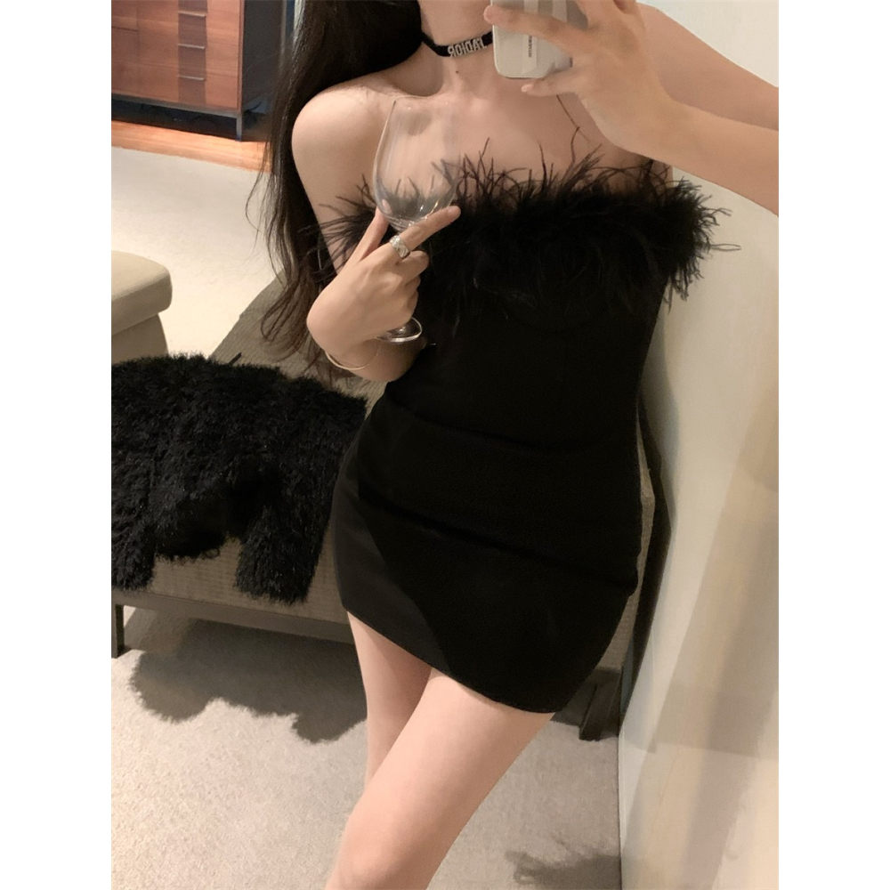 性感辣妹黑色毛絨抹胸連衣裙女秋冬季修身顯瘦打底裙包臀短裙裙子-細節圖3