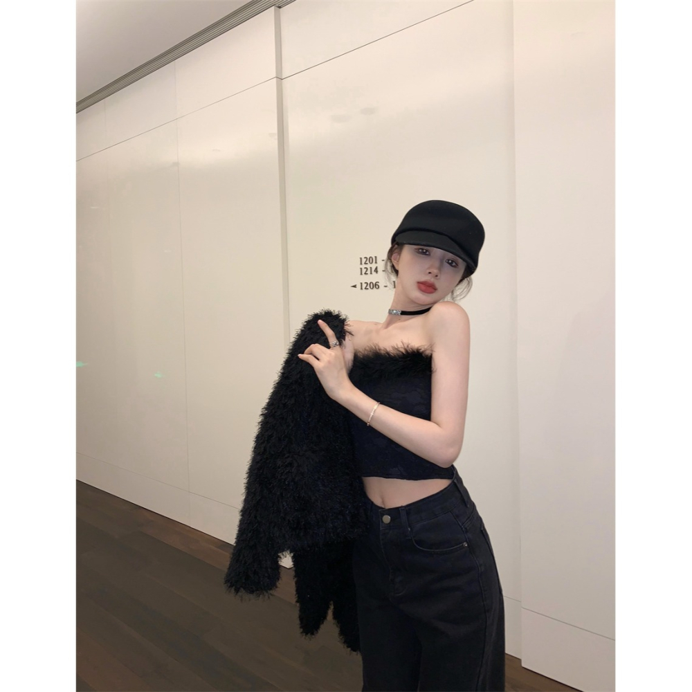 性感辣妹黑色毛絨抹胸連衣裙女秋冬季修身顯瘦打底裙包臀短裙裙子-細節圖4