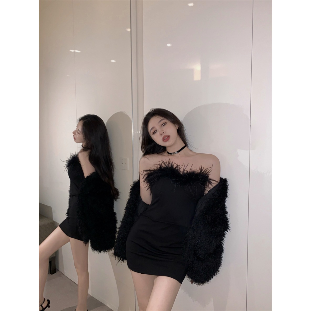 性感辣妹黑色毛絨抹胸連衣裙女秋冬季修身顯瘦打底裙包臀短裙裙子-細節圖5