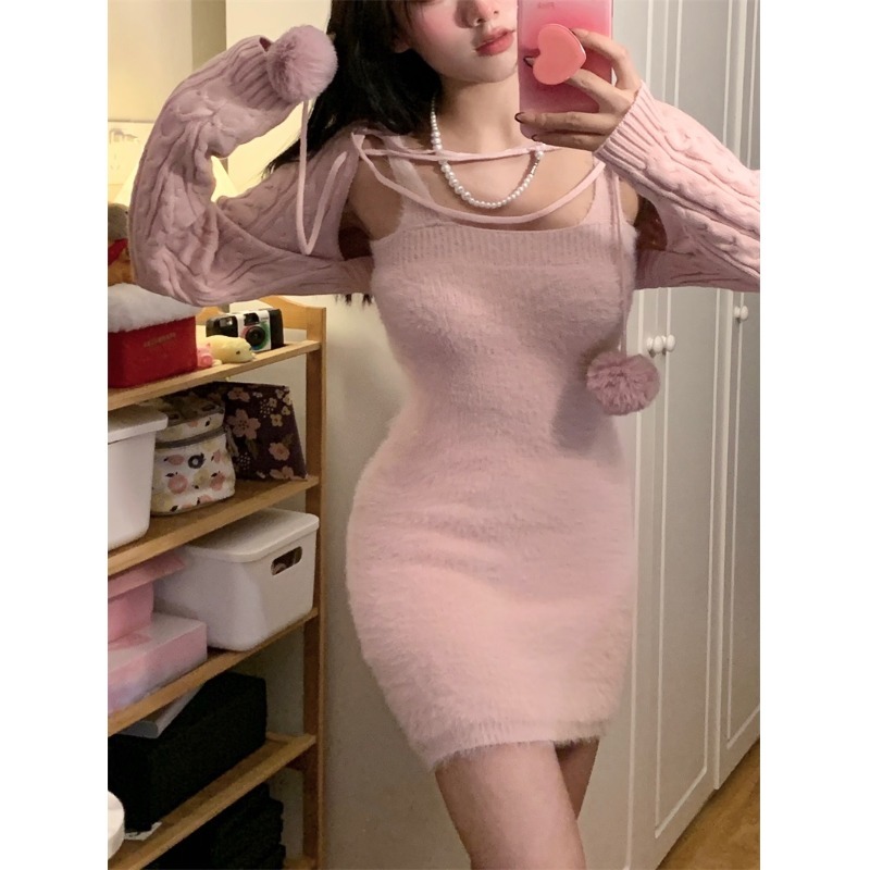純欲風辣妹水貂毛吊帶連衣裙女秋冬季收腰顯瘦打底裙包臀短裙裙子-細節圖4
