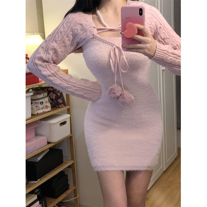純欲風辣妹水貂毛吊帶連衣裙女秋冬季收腰顯瘦打底裙包臀短裙裙子-細節圖5