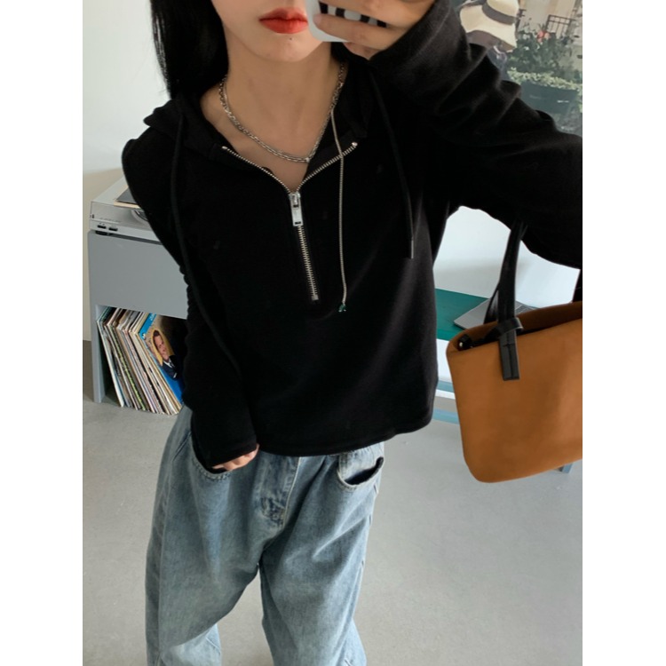 不規則黑色抽繩連帽T恤女秋冬設計感修身短款內搭打底衫長袖上衣-細節圖2