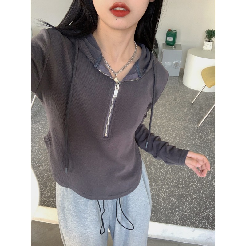 不規則黑色抽繩連帽T恤女秋冬設計感修身短款內搭打底衫長袖上衣-細節圖4