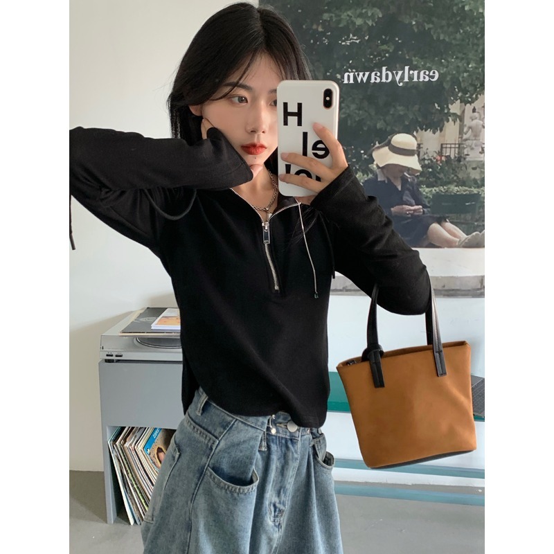 不規則黑色抽繩連帽T恤女秋冬設計感修身短款內搭打底衫長袖上衣-細節圖5