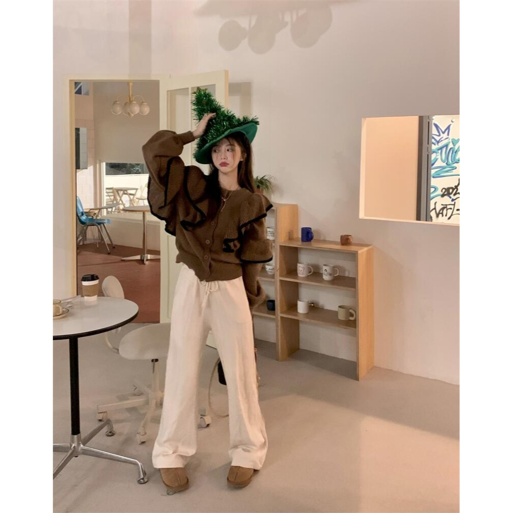 法式復古荷葉邊毛衣開衫外套女秋冬季年新款寬松短款針織上衣-細節圖2