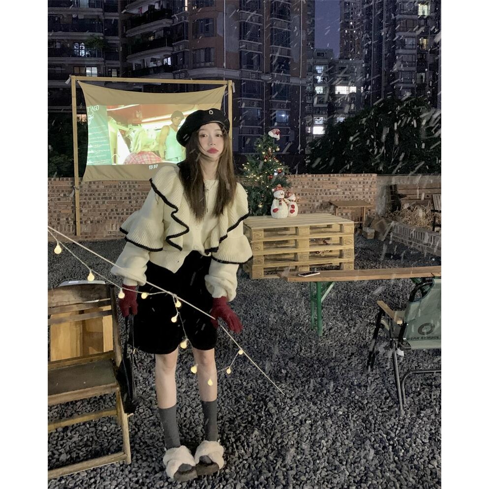 法式復古荷葉邊毛衣開衫外套女秋冬季年新款寬松短款針織上衣-細節圖3