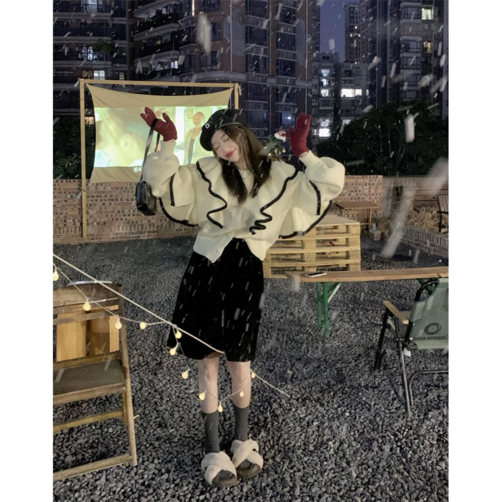 法式復古荷葉邊毛衣開衫外套女秋冬季年新款寬松短款針織上衣-細節圖5