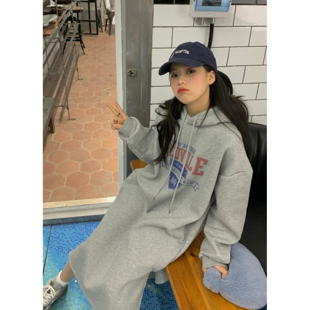 加絨加厚連帽衛衣連衣裙女秋冬季年新款寬松中長款打底裙裙子-細節圖5