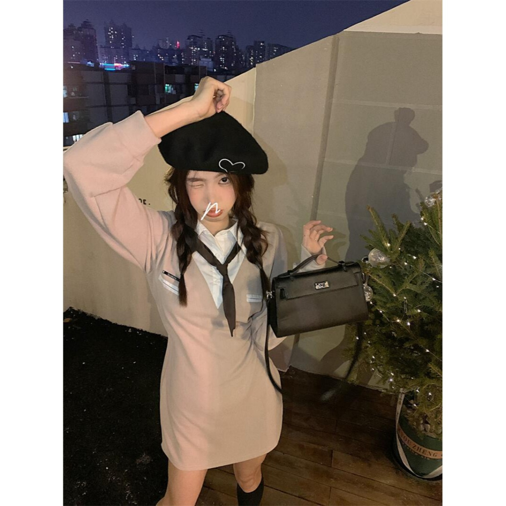 辣妹風POLO領連衣裙女秋冬年新款復古收腰內搭打底裙裙子短裙-細節圖2