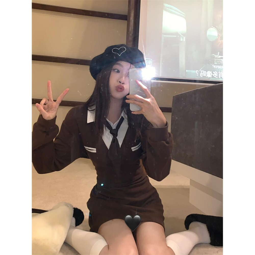 辣妹風POLO領連衣裙女秋冬年新款復古收腰內搭打底裙裙子短裙-細節圖5