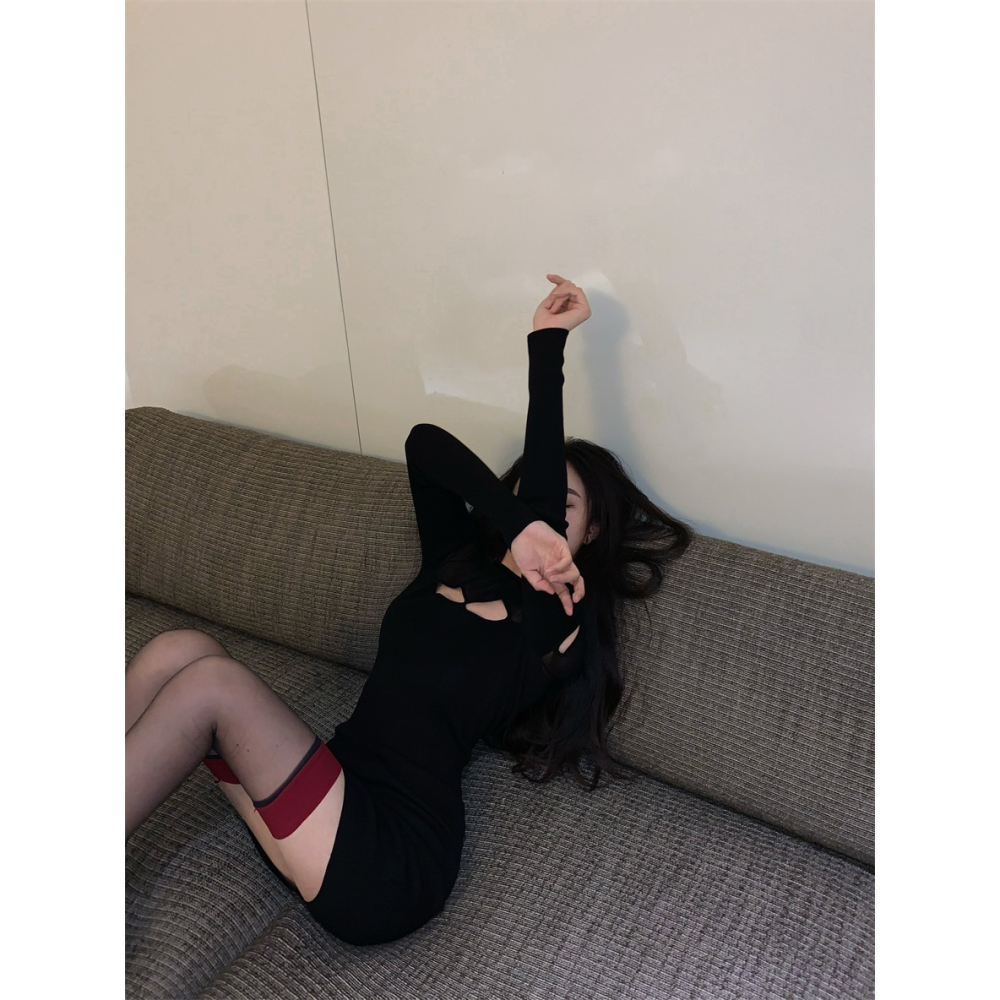 性感辣妹鏤空露背連衣裙女秋冬季修身內搭黑色打底裙包臀短裙裙子-細節圖4