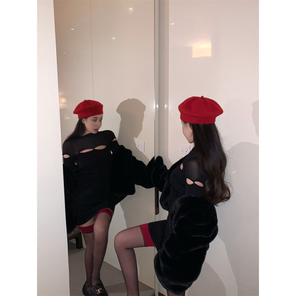 性感辣妹鏤空露背連衣裙女秋冬季修身內搭黑色打底裙包臀短裙裙子-細節圖5