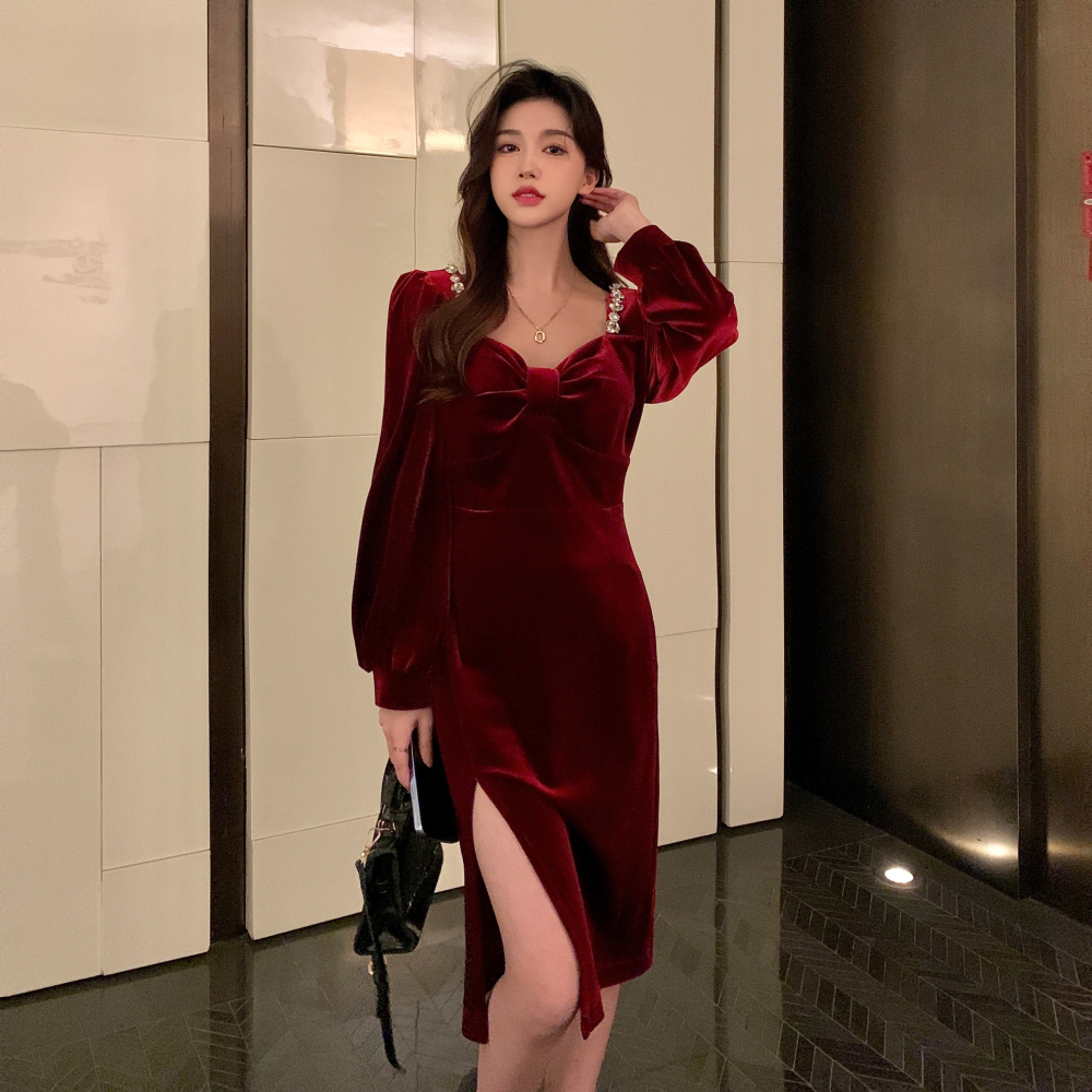 高級感御姐紅色蝴蝶結絲絨連衣裙女秋冬修身中長款開叉泡泡袖裙子-細節圖3