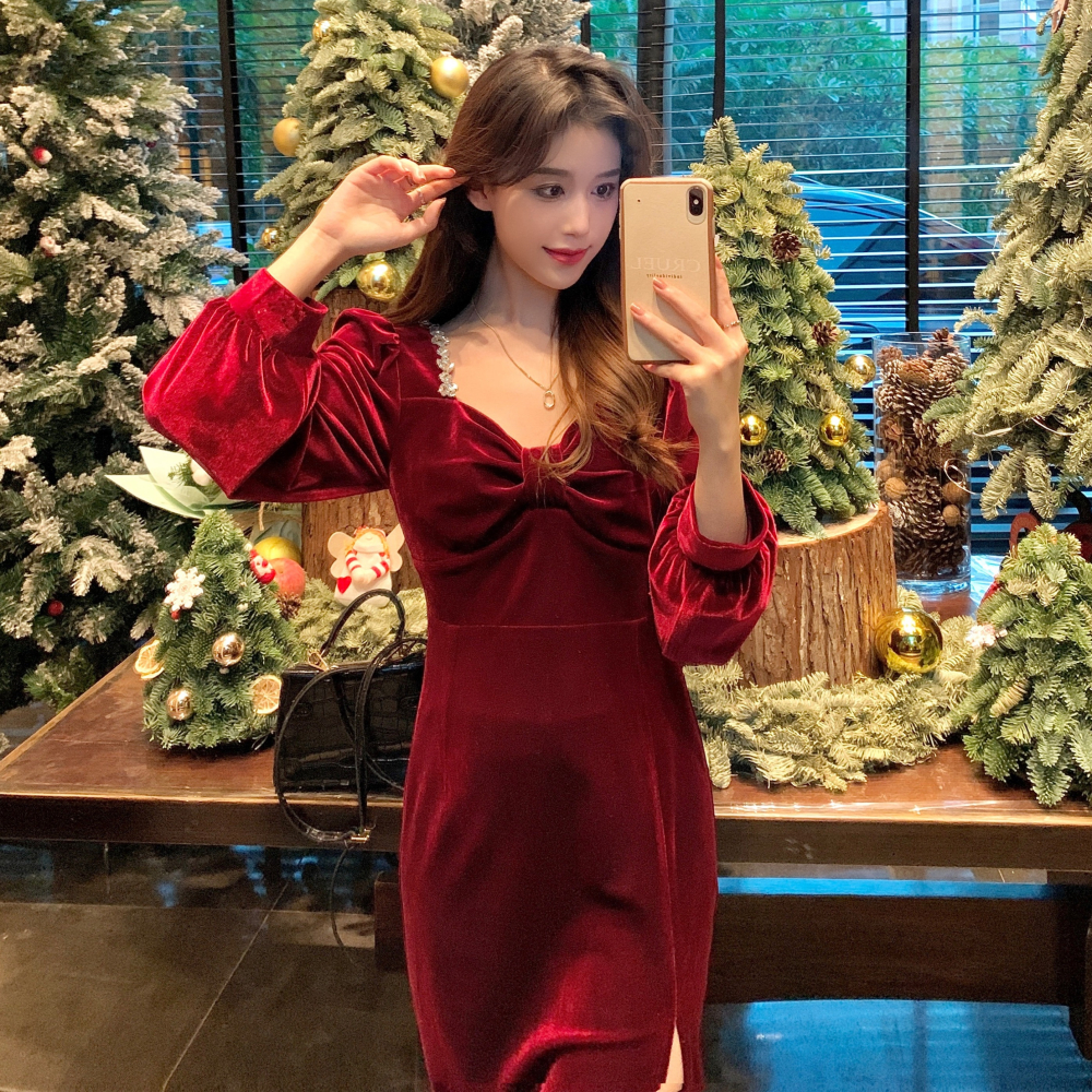 高級感御姐紅色蝴蝶結絲絨連衣裙女秋冬修身中長款開叉泡泡袖裙子-細節圖5