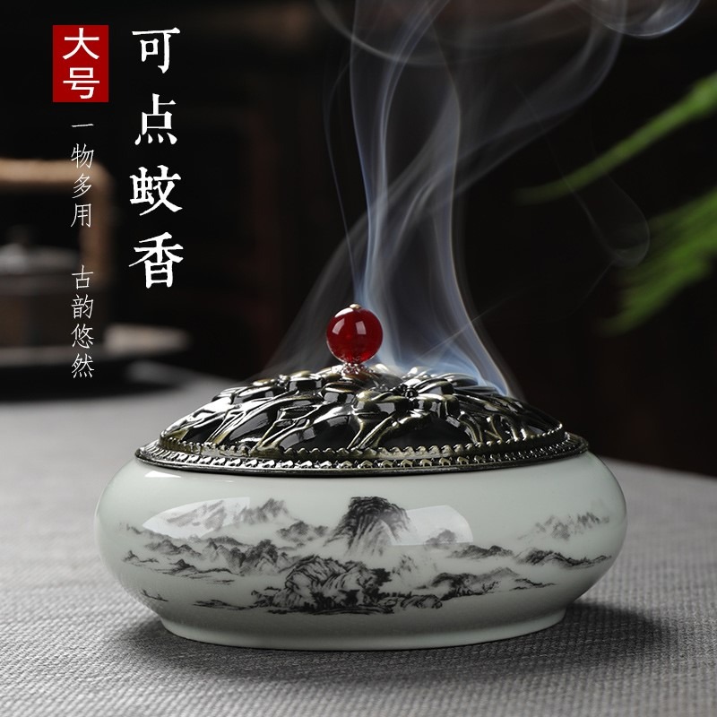 蚊香爐家用室內大號創意陶瓷盤香檀香蚊香盒線香插香道驅蚊香擺件-細節圖2