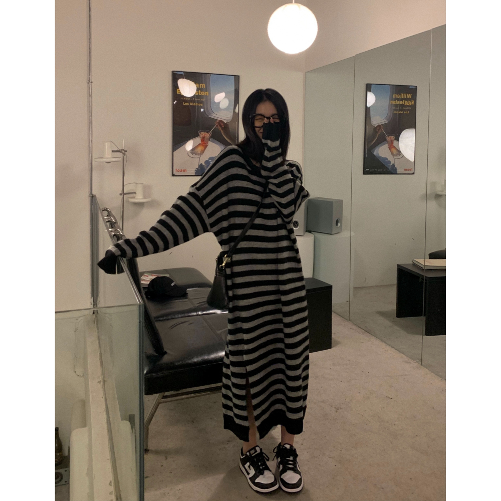 中長款開叉條紋連衣裙女秋冬年新款慵懶風寬松內搭打底裙裙子-細節圖2