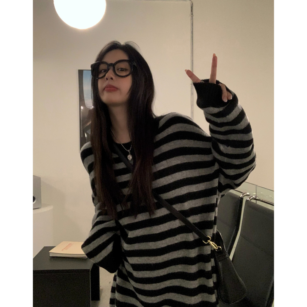 中長款開叉條紋連衣裙女秋冬年新款慵懶風寬松內搭打底裙裙子-細節圖3