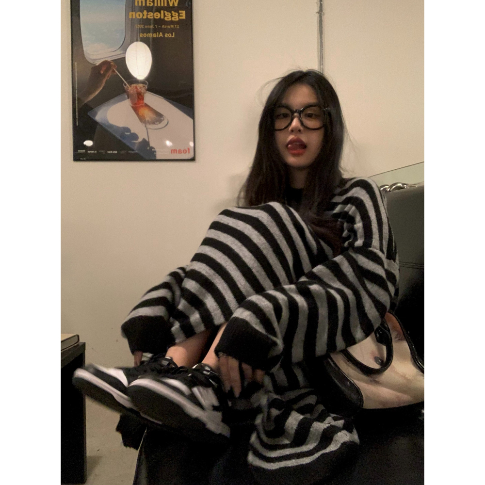 中長款開叉條紋連衣裙女秋冬年新款慵懶風寬松內搭打底裙裙子-細節圖5