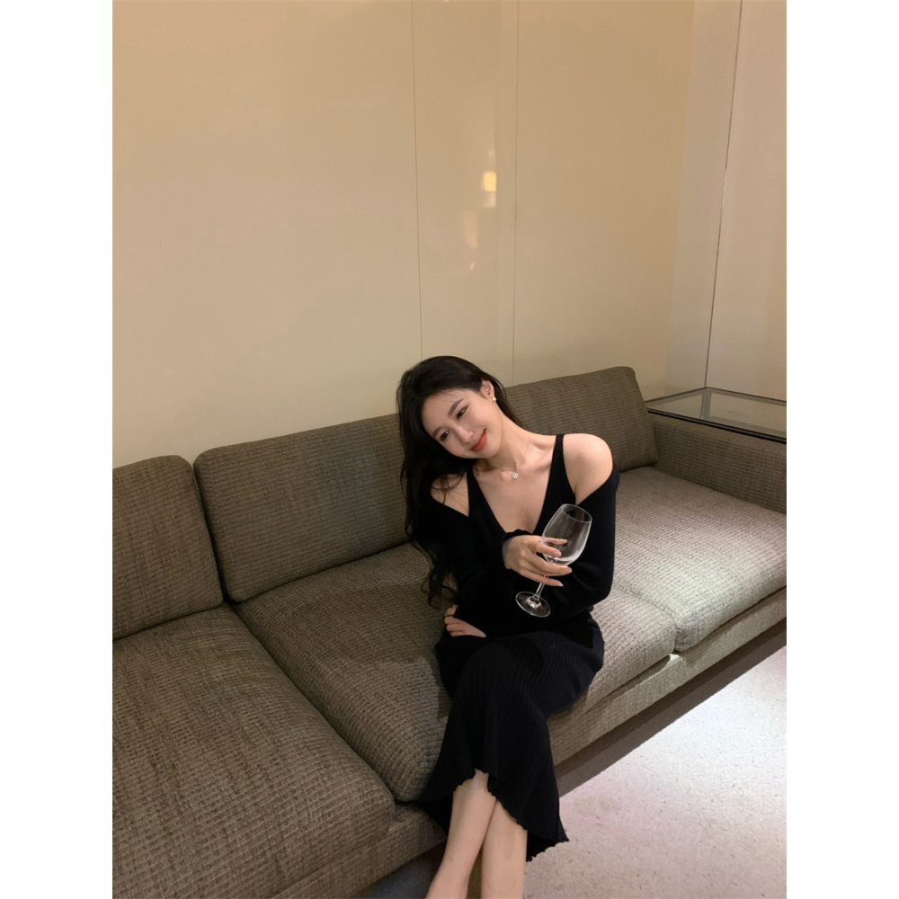 高級感御姐露肩針織吊帶連衣裙女秋冬中長款打底裙辣妹魚尾裙裙子-細節圖2