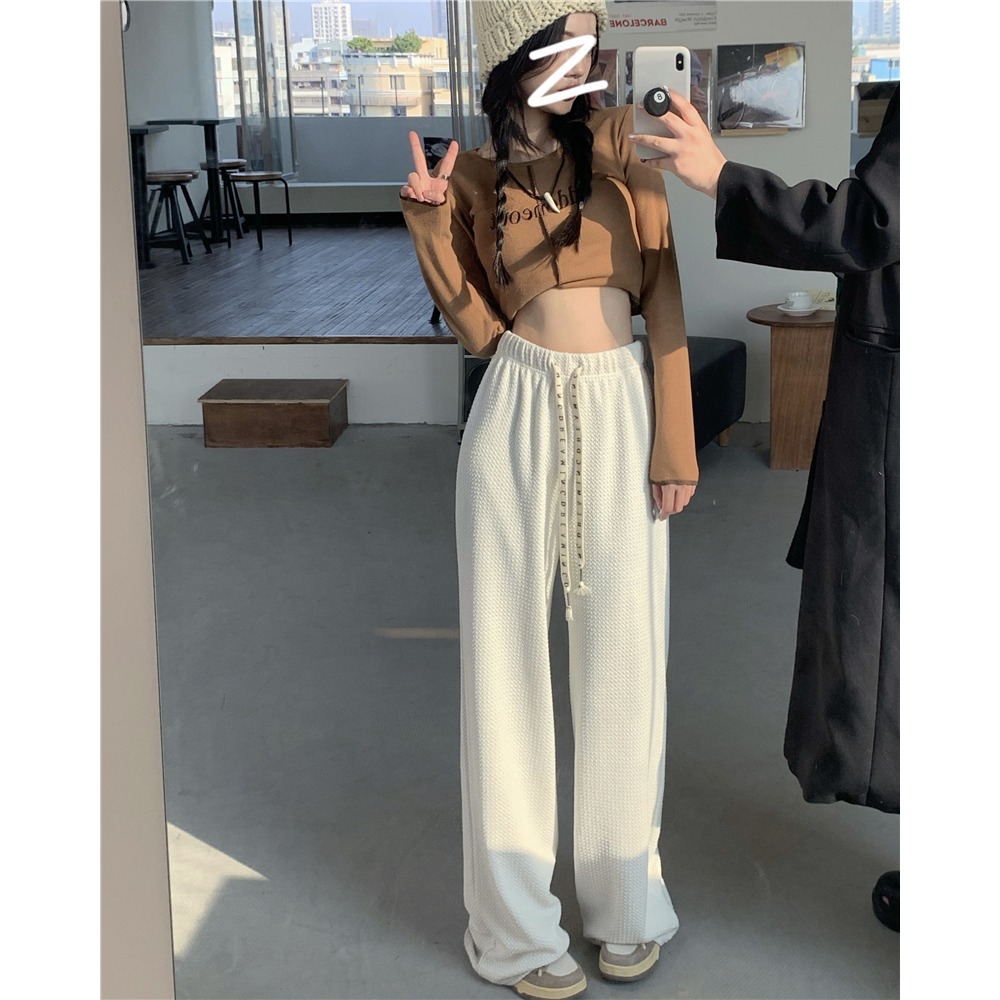黑色垂感抽繩針織休閑褲女秋冬韓版高腰寬松直筒闊腿褲拖地褲褲子-細節圖5