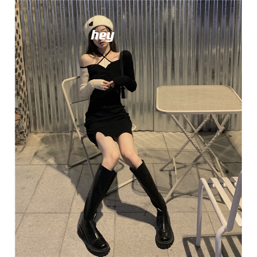 純欲風露肩開叉針織連衣裙女秋冬新款收腰辣妹掛脖內搭打底裙裙子-細節圖2