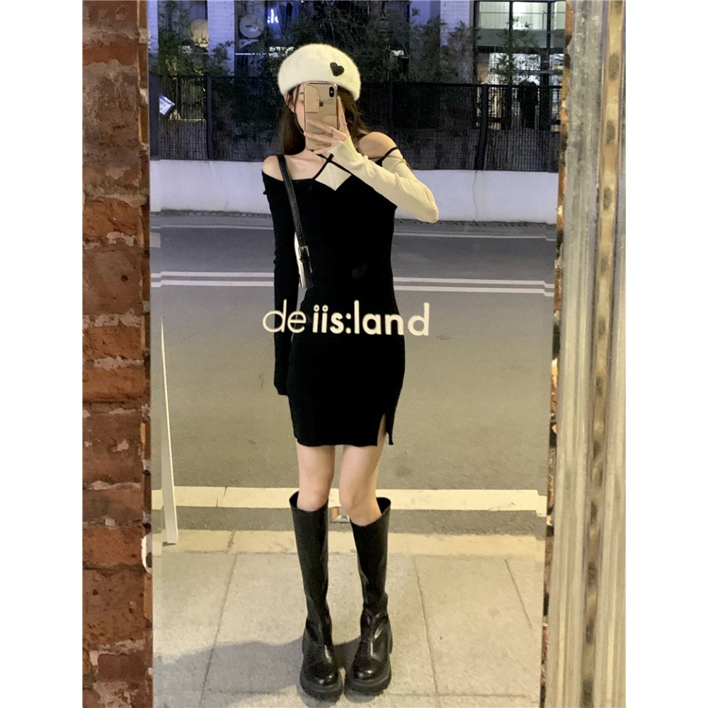 純欲風露肩開叉針織連衣裙女秋冬新款收腰辣妹掛脖內搭打底裙裙子-細節圖4