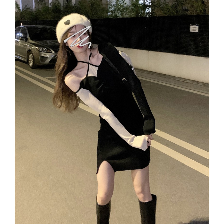 純欲風露肩開叉針織連衣裙女秋冬新款收腰辣妹掛脖內搭打底裙裙子-細節圖5