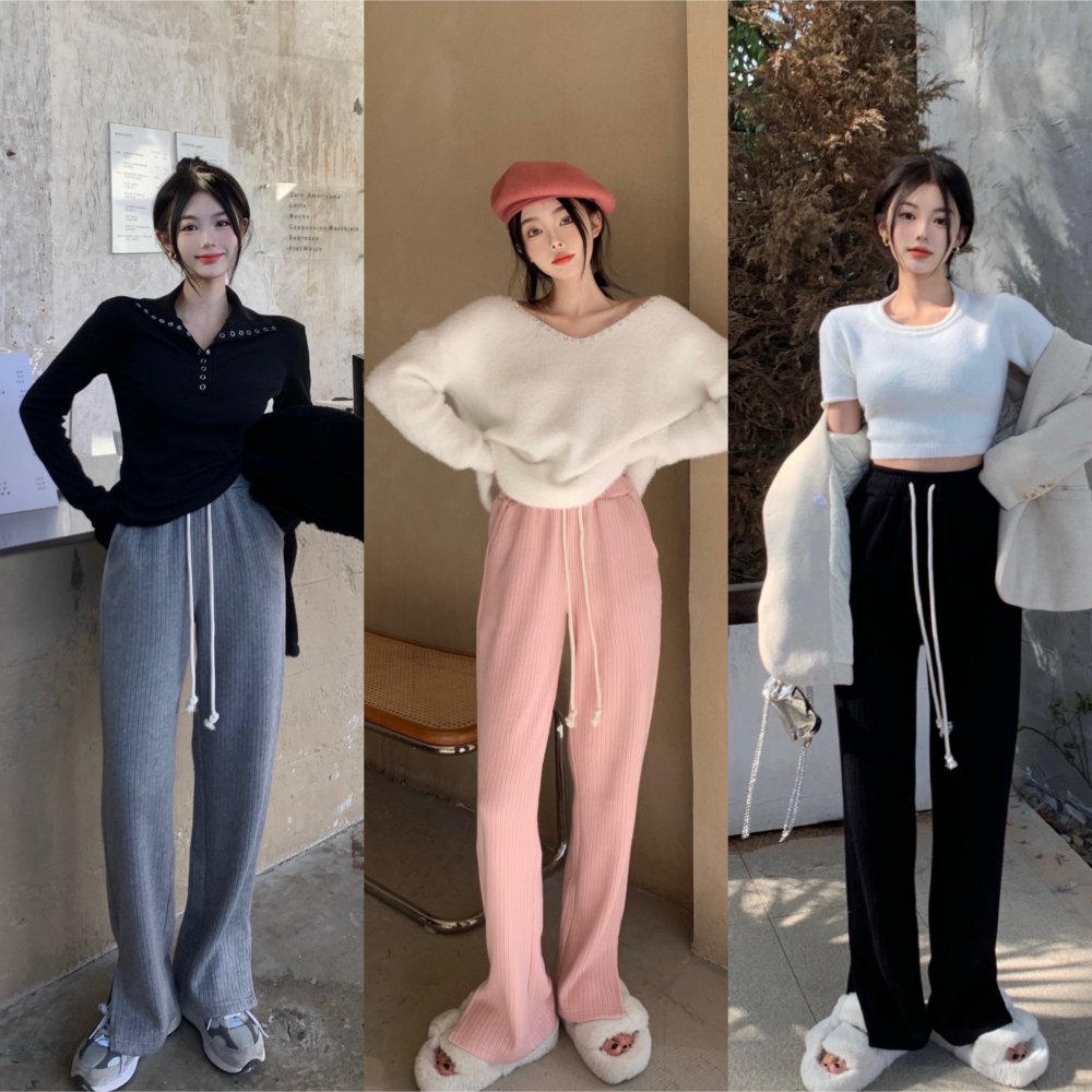 加厚開叉燈芯絨休閑褲女秋冬季高腰寬松直筒闊腿褲拖地褲褲子衛褲-細節圖2