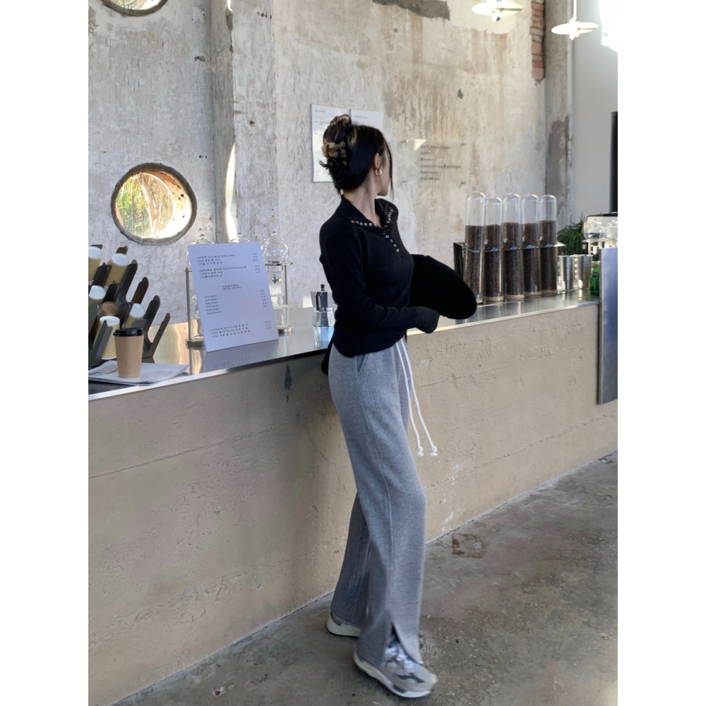 加厚開叉燈芯絨休閑褲女秋冬季高腰寬松直筒闊腿褲拖地褲褲子衛褲-細節圖5