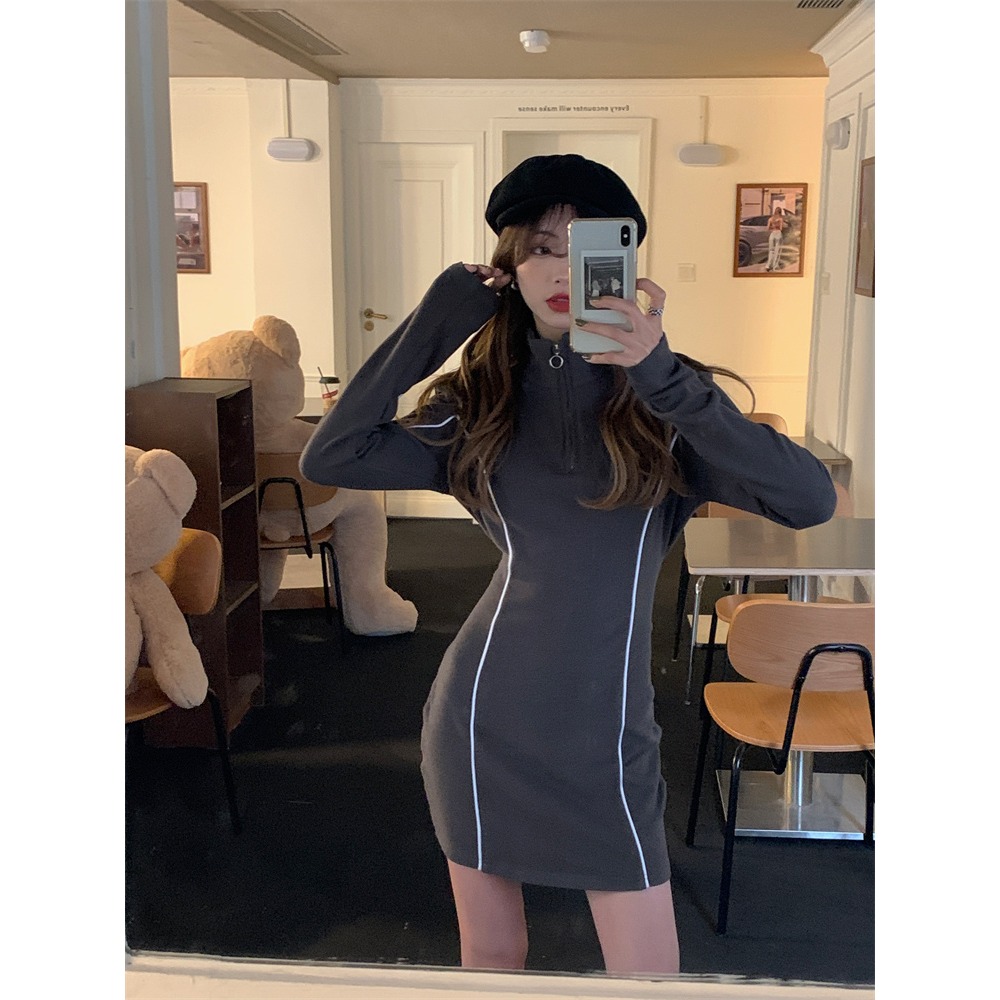 辣妹POLO領連衣裙女秋冬季年新款收腰內搭打底裙包臀短裙裙子-細節圖3