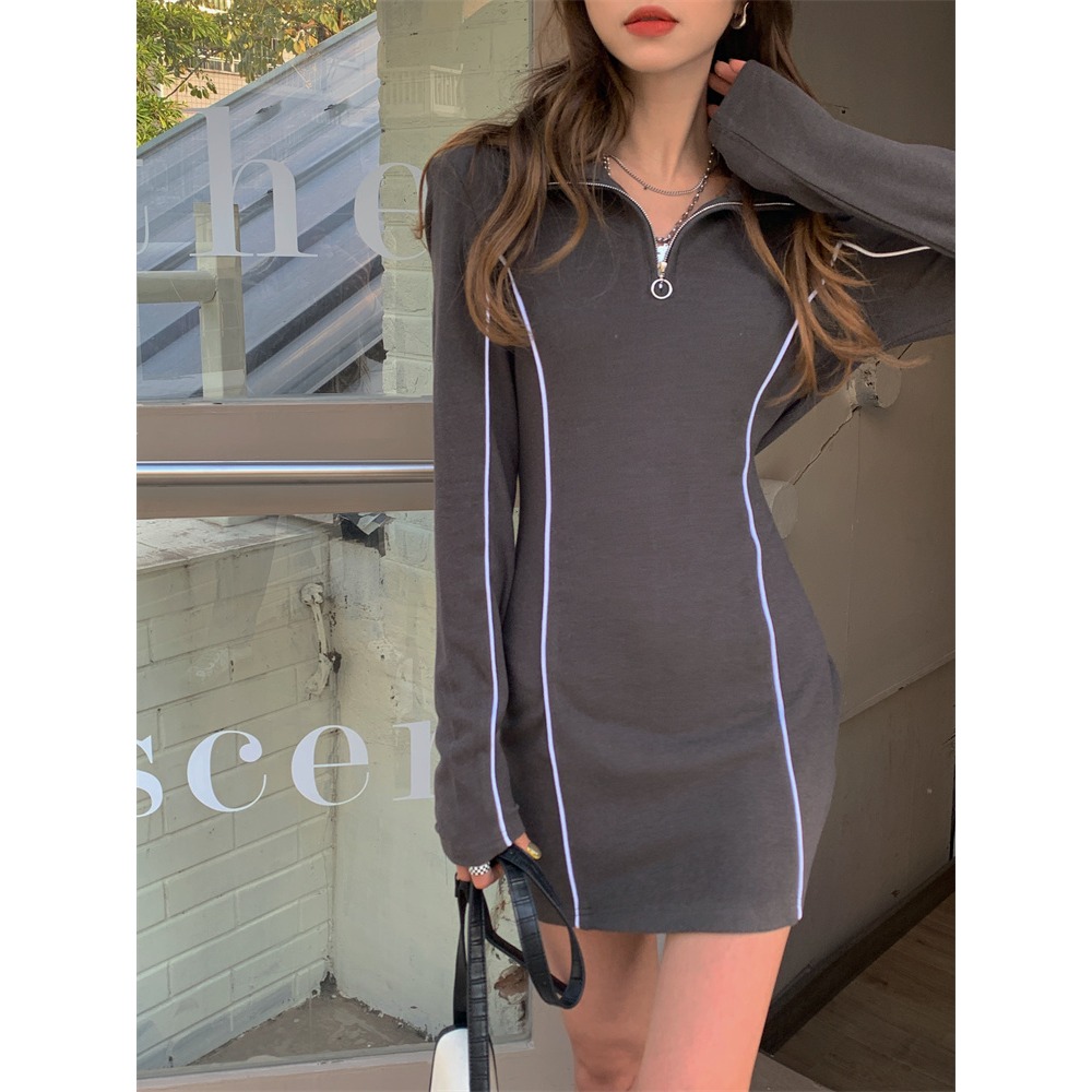 辣妹POLO領連衣裙女秋冬季年新款收腰內搭打底裙包臀短裙裙子-細節圖4