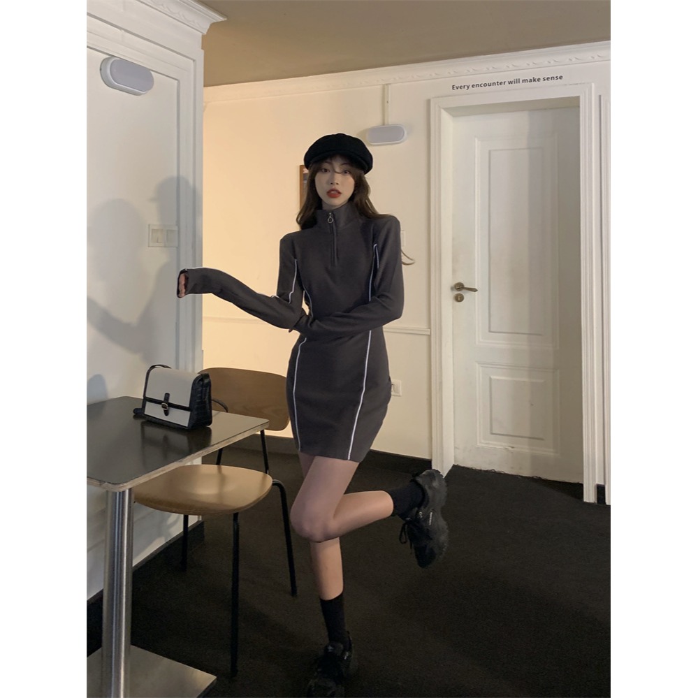 辣妹POLO領連衣裙女秋冬季年新款收腰內搭打底裙包臀短裙裙子-細節圖5