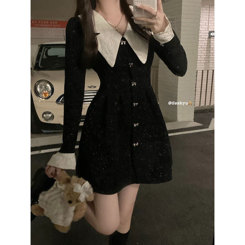 法式復古黑色娃娃領絲絨連衣裙女秋冬年收腰顯瘦A字短裙裙子-細節圖2