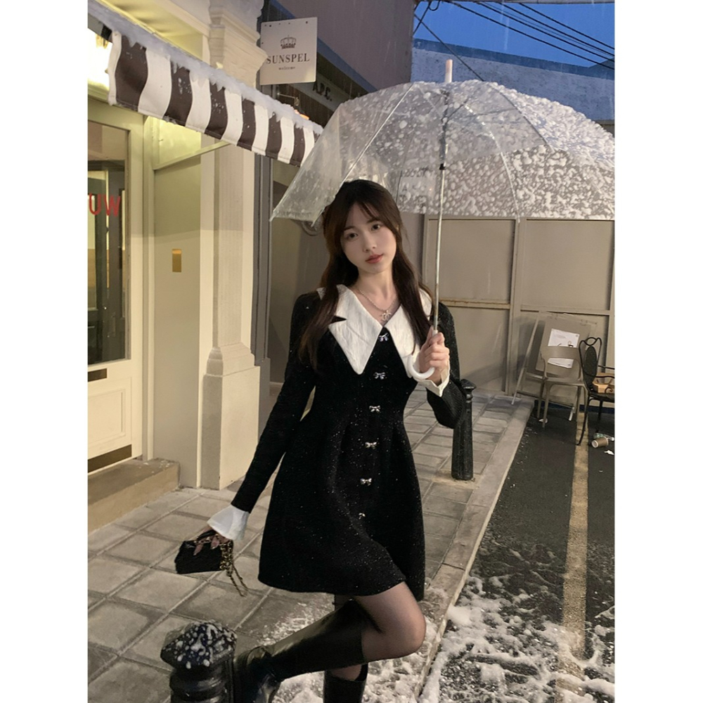 法式復古黑色娃娃領絲絨連衣裙女秋冬年收腰顯瘦A字短裙裙子-細節圖3