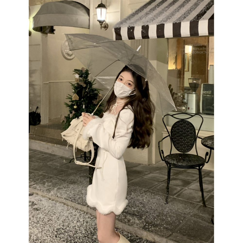 高級感聖誕方領綁帶連衣裙女秋冬季年新款修身打底裙短裙裙子-細節圖2
