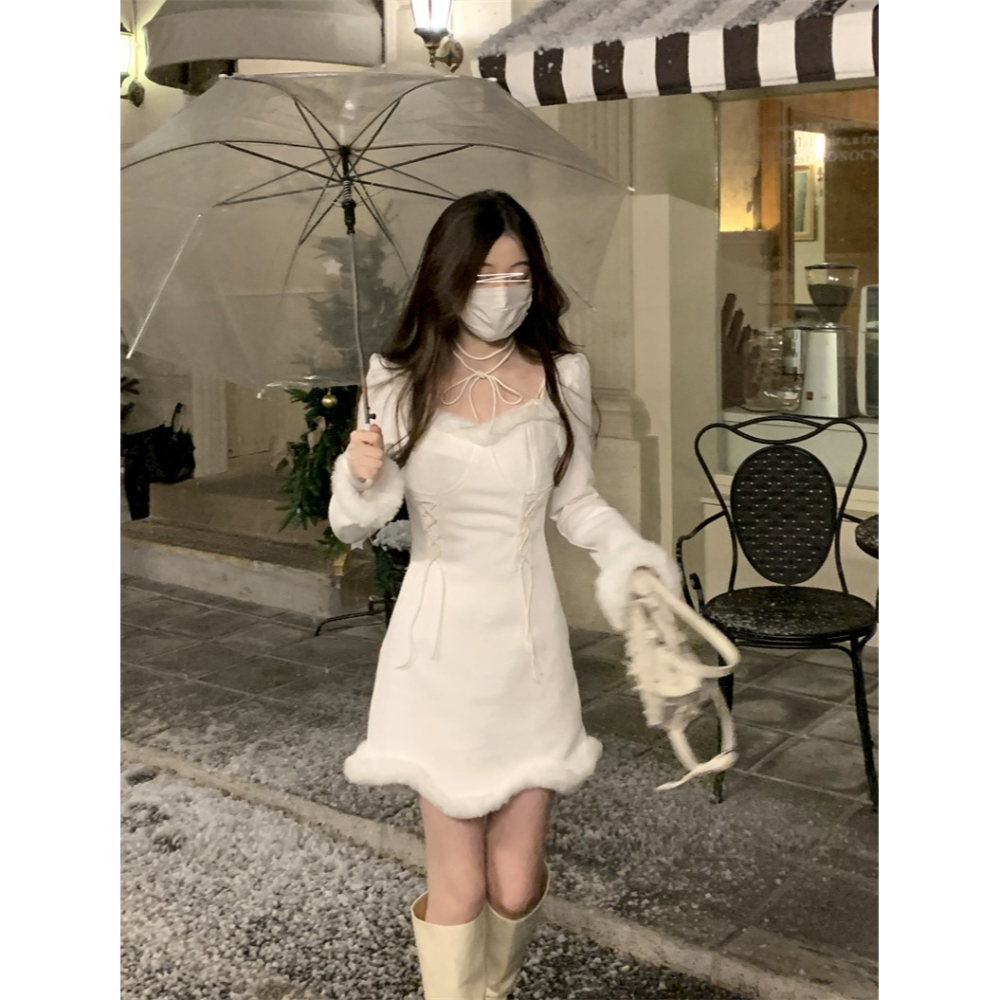 高級感聖誕方領綁帶連衣裙女秋冬季年新款修身打底裙短裙裙子-細節圖3
