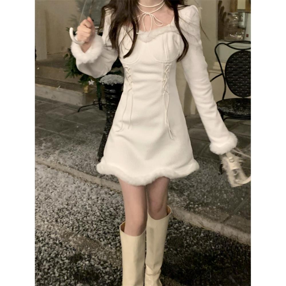 高級感聖誕方領綁帶連衣裙女秋冬季年新款修身打底裙短裙裙子-細節圖4