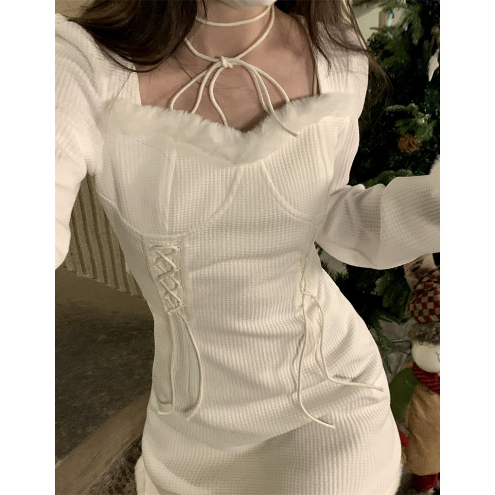 高級感聖誕方領綁帶連衣裙女秋冬季年新款修身打底裙短裙裙子-細節圖5