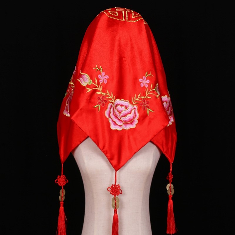 結婚新娘紅色蓋頭婚禮蒙頭紅 頭巾中式秀禾服喜帕蓋頭紗巾半透明-細節圖5