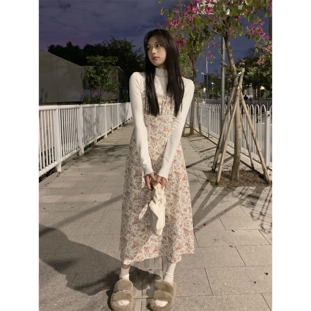 復古加厚碎花吊帶連衣裙女秋冬季收腰顯瘦中長款打底裙A字裙裙子-細節圖2