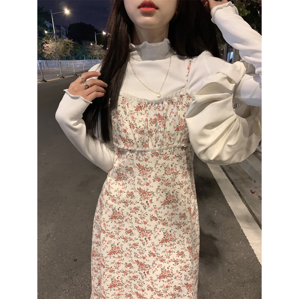 復古加厚碎花吊帶連衣裙女秋冬季收腰顯瘦中長款打底裙A字裙裙子-細節圖3