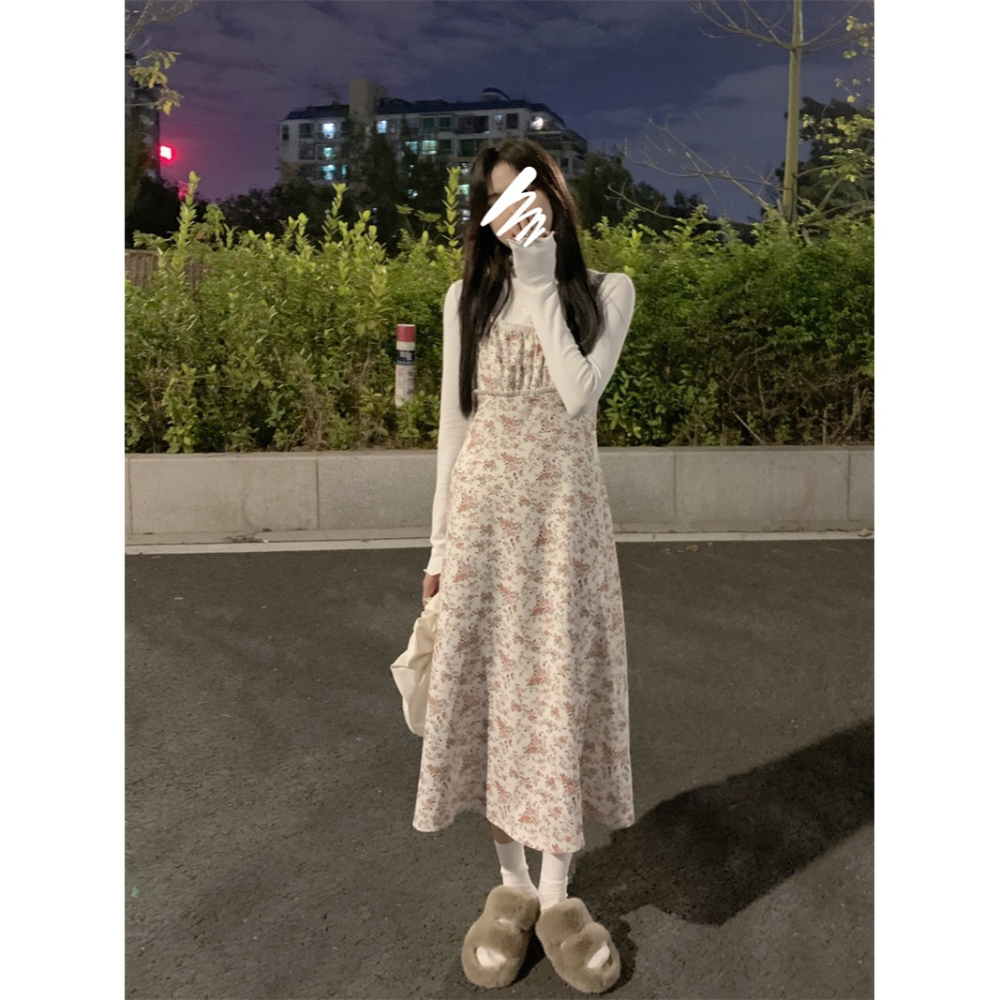 復古加厚碎花吊帶連衣裙女秋冬季收腰顯瘦中長款打底裙A字裙裙子-細節圖4