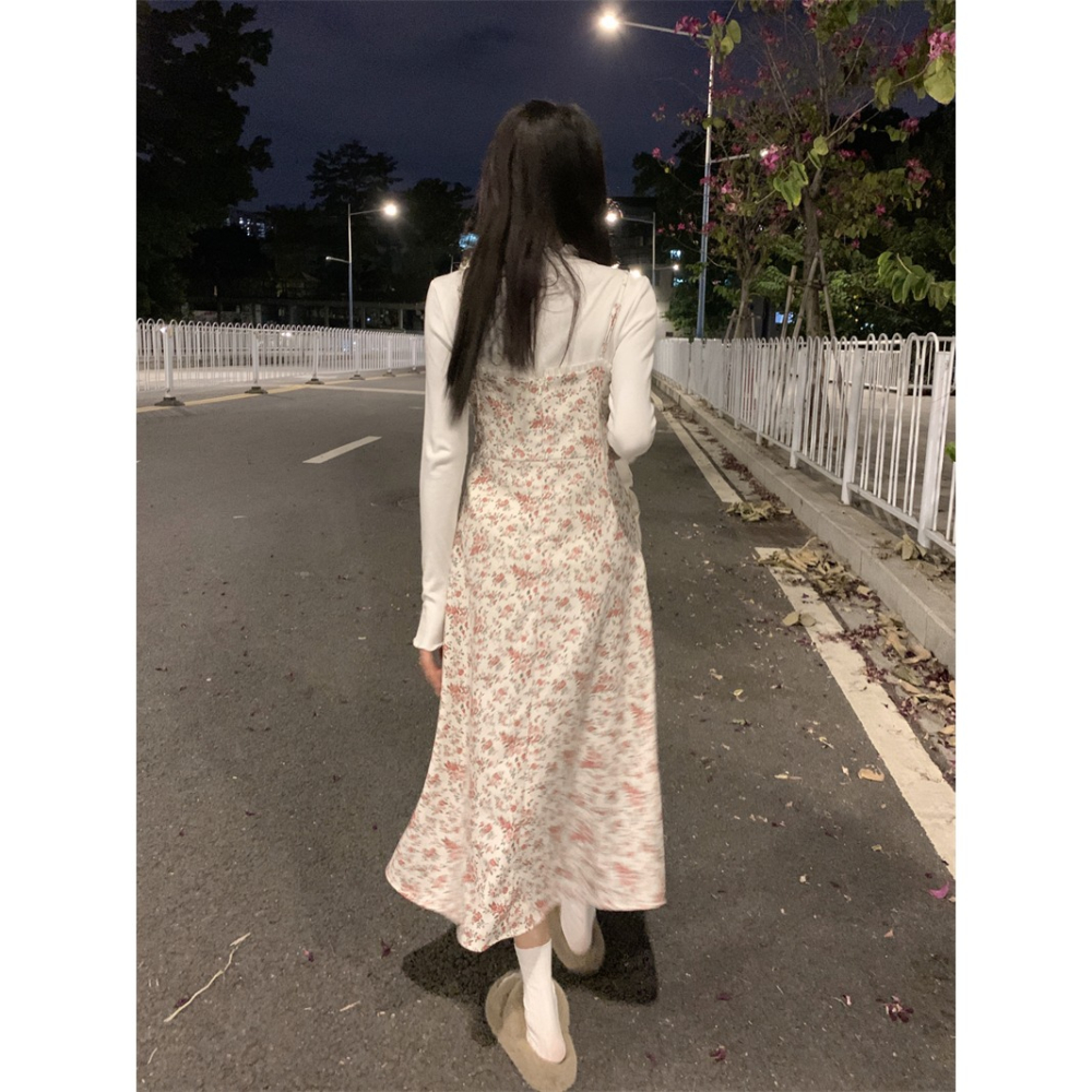 復古加厚碎花吊帶連衣裙女秋冬季收腰顯瘦中長款打底裙A字裙裙子-細節圖5