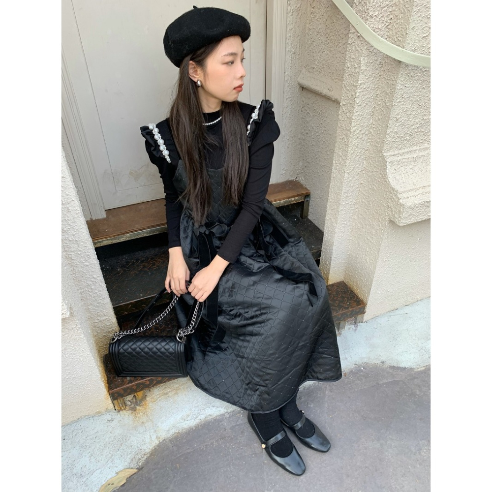 法式赫本風蝴蝶結菱格吊帶連衣裙女春季收腰中長款夾棉A字裙裙子-細節圖2