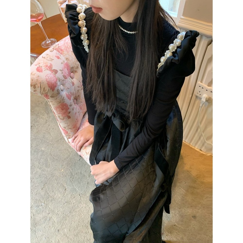 法式赫本風蝴蝶結菱格吊帶連衣裙女春季收腰中長款夾棉A字裙裙子-細節圖4